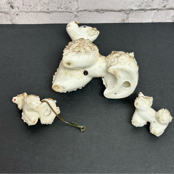 Vintage Ivory/Gold Spaghetti French Poodle Figurines Mom and 2 Puppies Japan - Picture 13 of 16